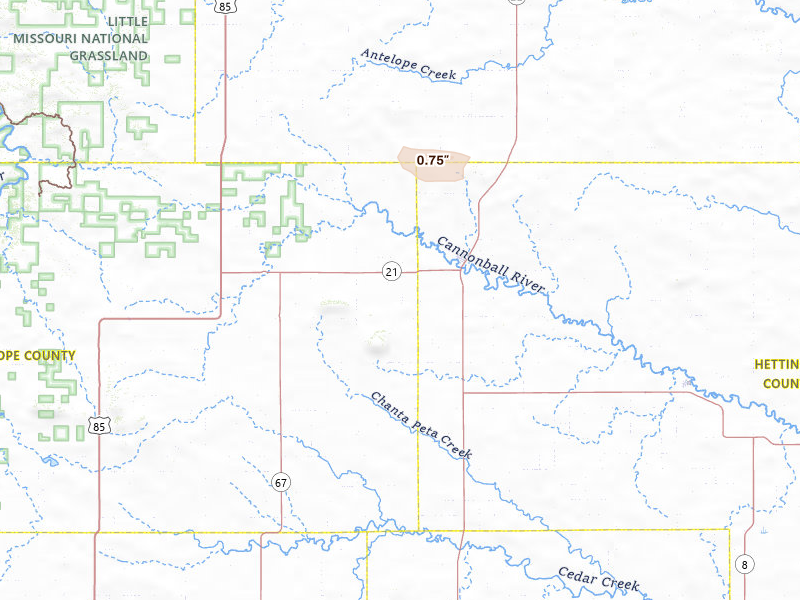 Radar-estimated hail-size map of the storm over New England, ND on Jul 18, 2026