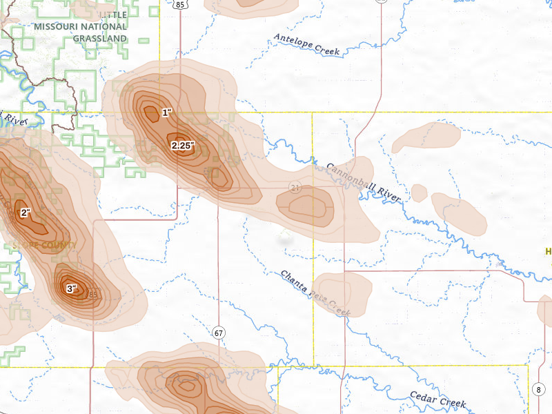 Radar-estimated hail-size map of the storm over New England, ND on Aug 11, 2026