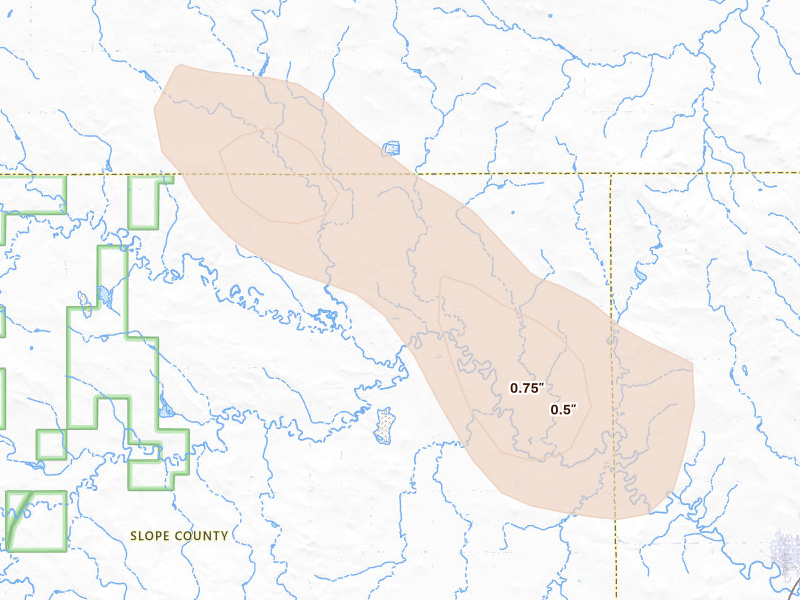 Radar-estimated hail-size map of the storm over New England, ND on Aug 23, 2026