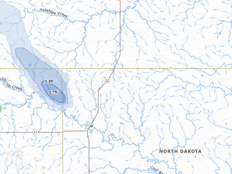 NEXRAD radar-signature map of the hail storm over New England, ND on Aug 23, 2026