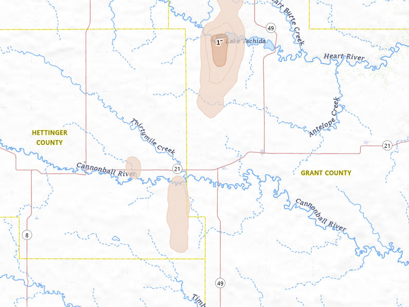 Radar-estimated hail-size map of the storm over New Leipzig, ND on May 21, 2026
