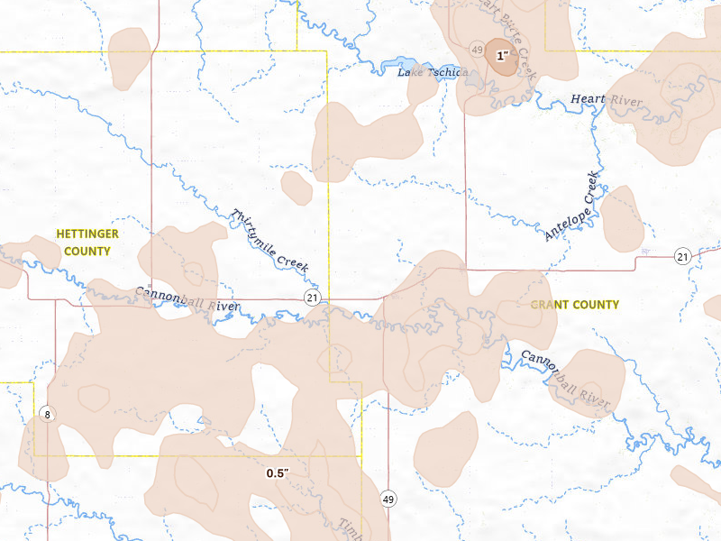 Radar-estimated hail-size map of the storm over New Leipzig, ND on Jun 27, 2026