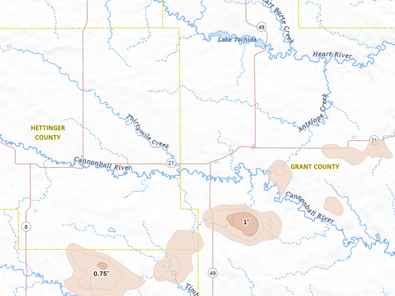 Radar-estimated hail-size map of the storm over New Leipzig, ND on Jul 9, 2026