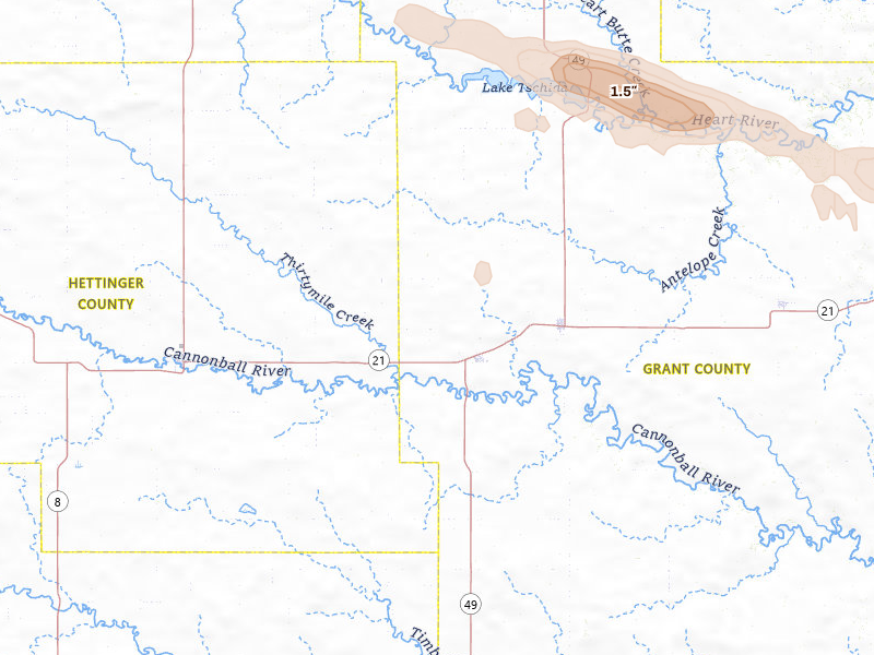 Radar-estimated hail-size map of the storm over New Leipzig, ND on Jul 19, 2026