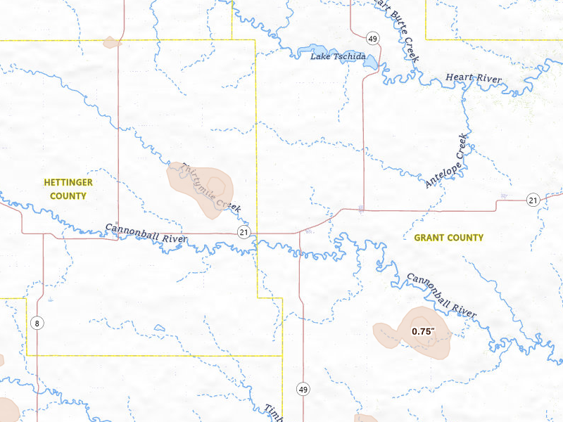 Radar-estimated hail-size map of the storm over New Leipzig, ND on Jul 29, 2026