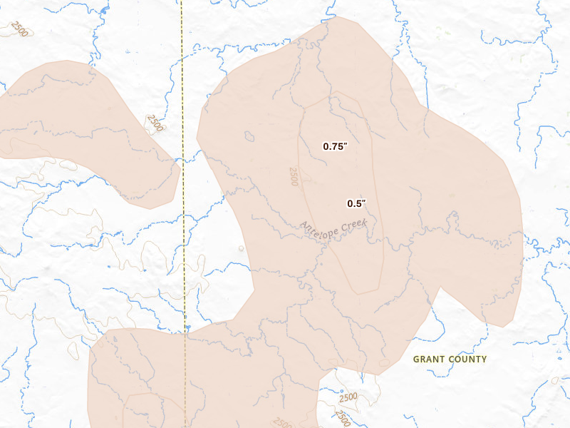 Radar-estimated hail-size map of the storm over New Leipzig, ND on Aug 30, 2026
