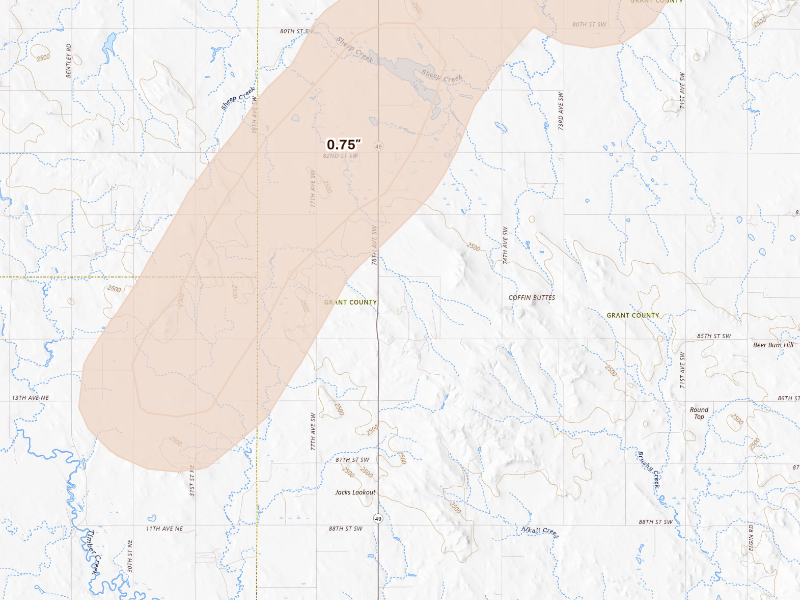Radar-estimated hail-size map of the storm over New Leipzig, ND