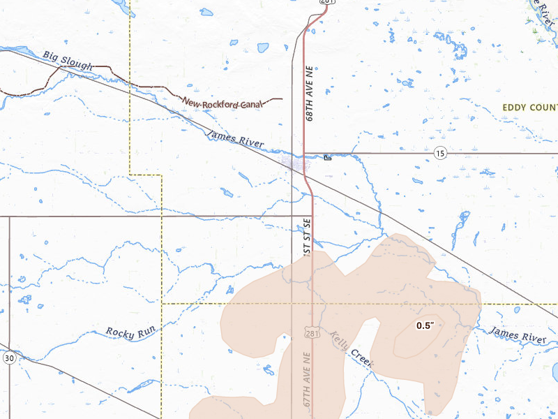 Radar-estimated hail-size map of the storm over New Rockford, ND on Jun 29, 2026