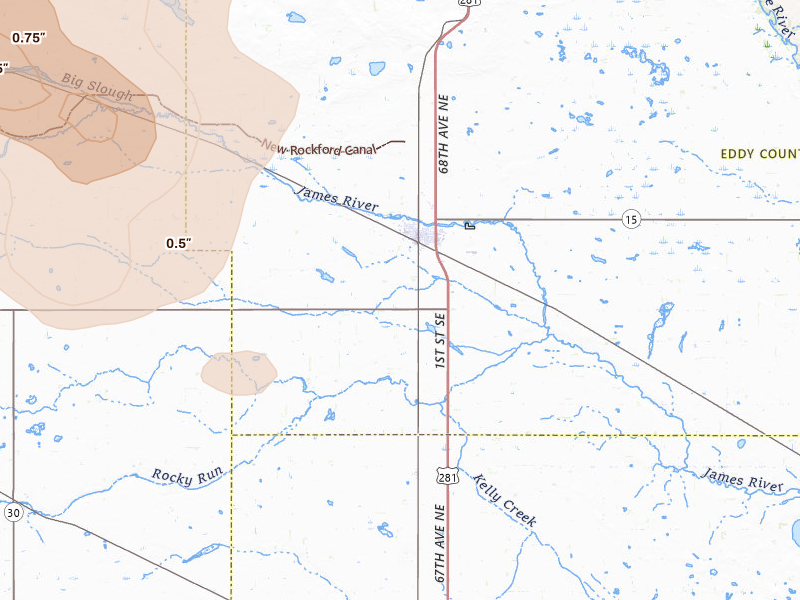 Radar-estimated hail-size map of the storm over New Rockford, ND on Jul 16, 2026