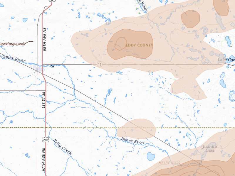 Radar-estimated hail-size map of the storm over New Rockford, ND on Aug 24, 2026