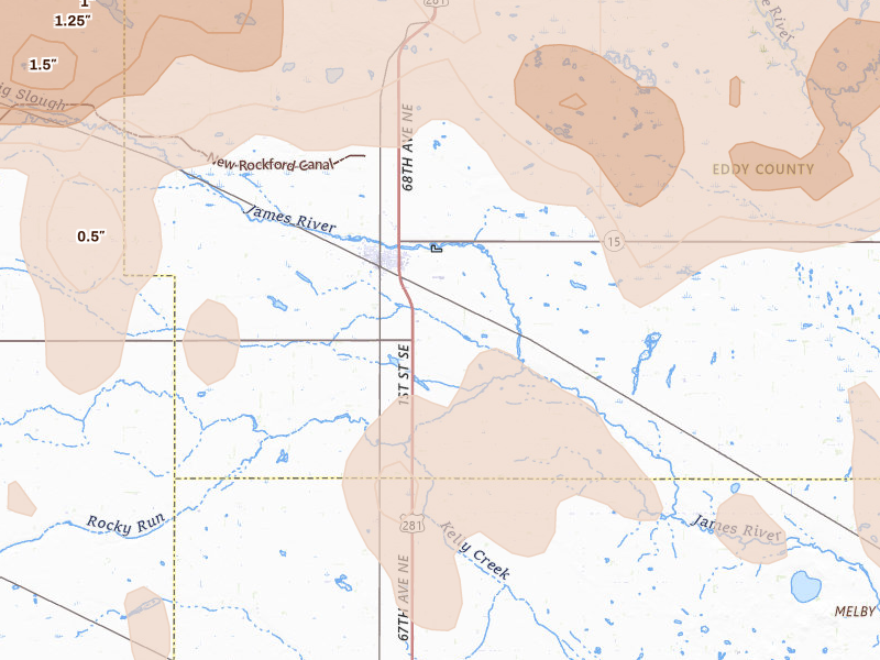 Radar-estimated hail-size map of the storm over New Rockford, ND on Sep 3, 2026