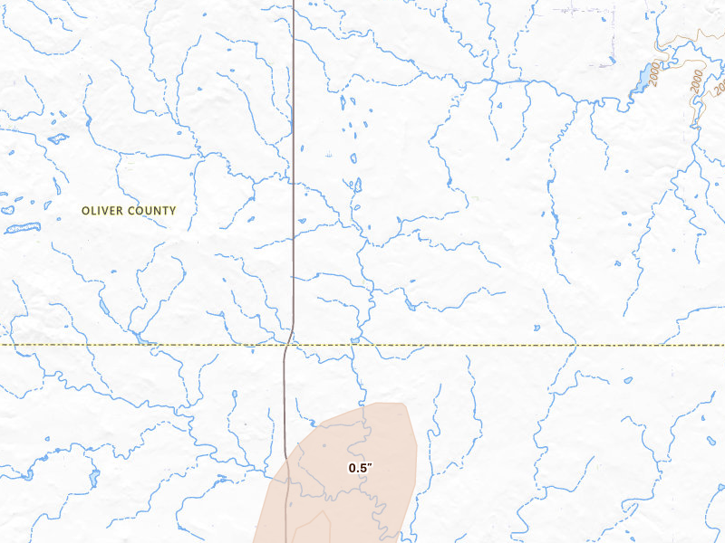 Radar-estimated hail-size map of the storm over New Salem, ND on Jun 28, 2026