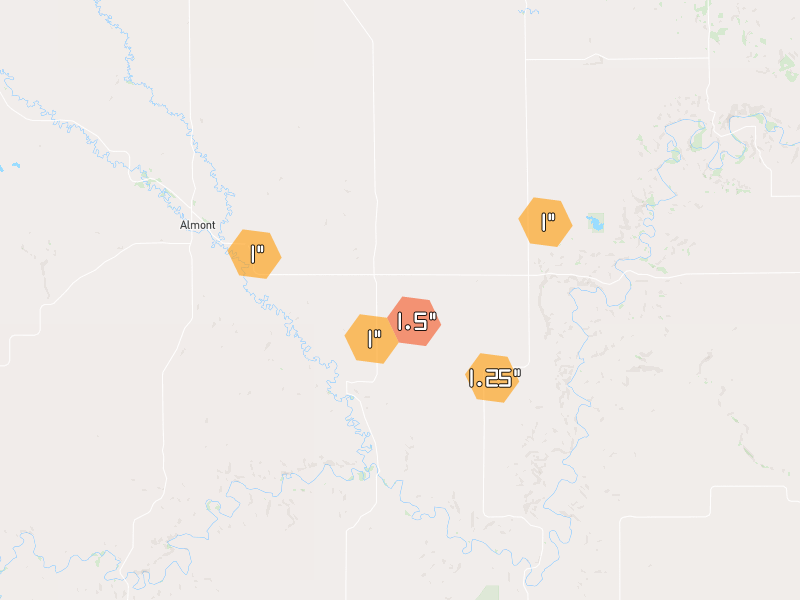 Hail map of New Salem, ND on Jun 28, 2026, hail up to 1.5"