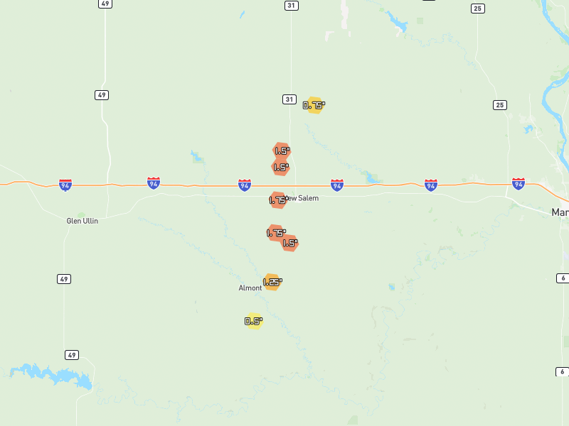 Hail map of New Salem, ND on Jun 29, 2026, hail up to 1.75"