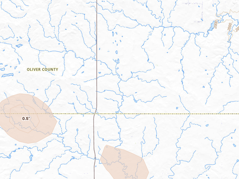 Radar-estimated hail-size map of the storm over New Salem, ND on Jul 3, 2026