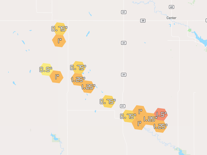 Hail map of New Salem, ND on Jul 3, 2026, hail up to 1.5"