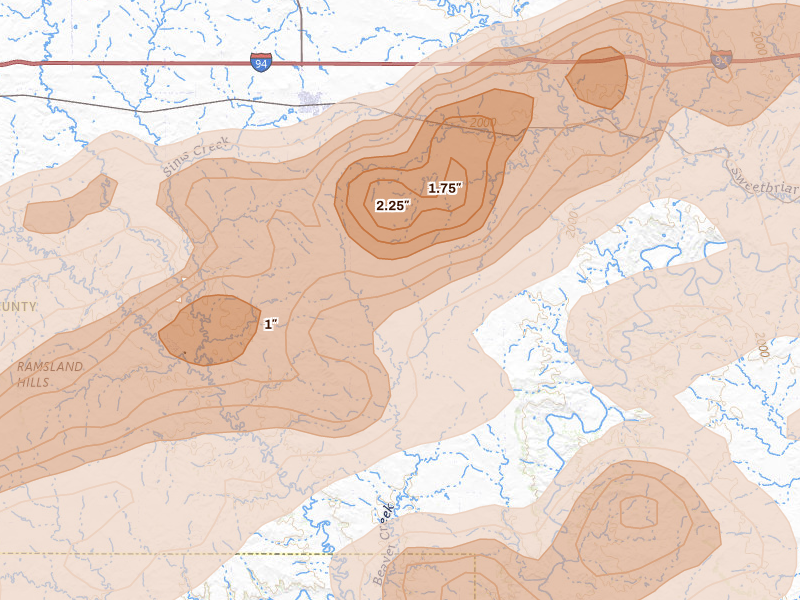 Radar-estimated hail-size map of the storm over New Salem, ND on Aug 11, 2026