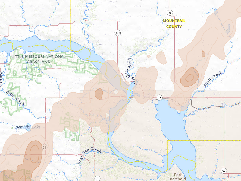 Radar-estimated hail-size map of the storm over New Town, ND on Jun 6, 2026