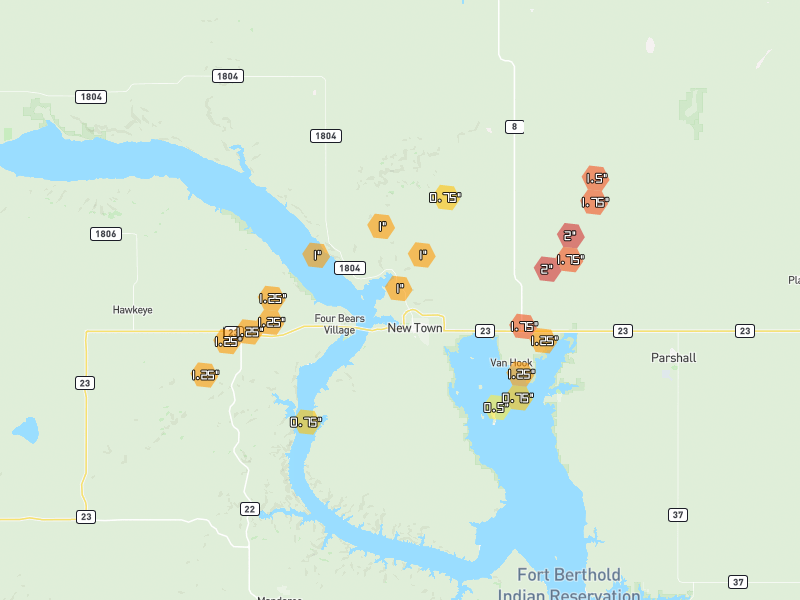 Hail map of New Town, ND on Jun 7, 2026, hail up to 2"