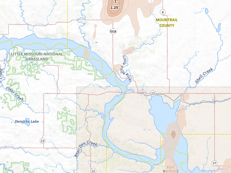Radar-estimated hail-size map of the storm over New Town, ND on Jun 9, 2026