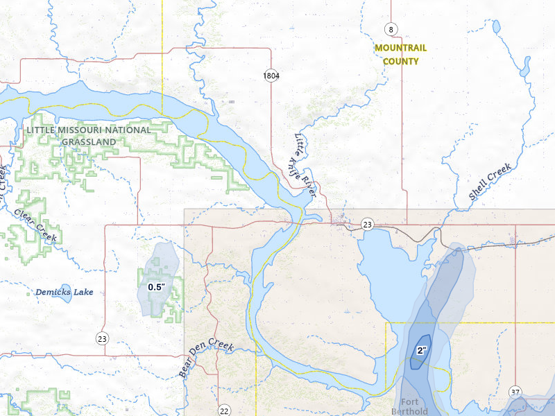 NEXRAD radar-signature map of the hail storm over New Town, ND on Jun 9, 2026