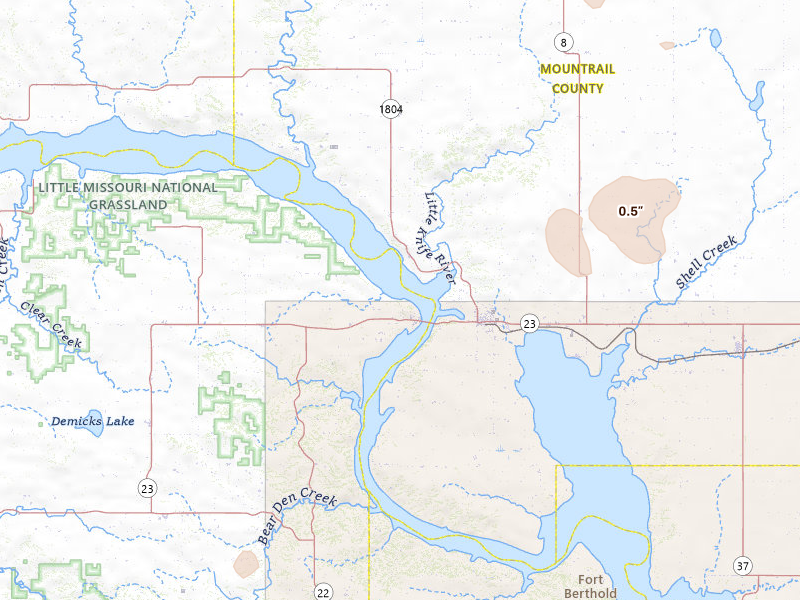Radar-estimated hail-size map of the storm over New Town, ND on Jun 27, 2026