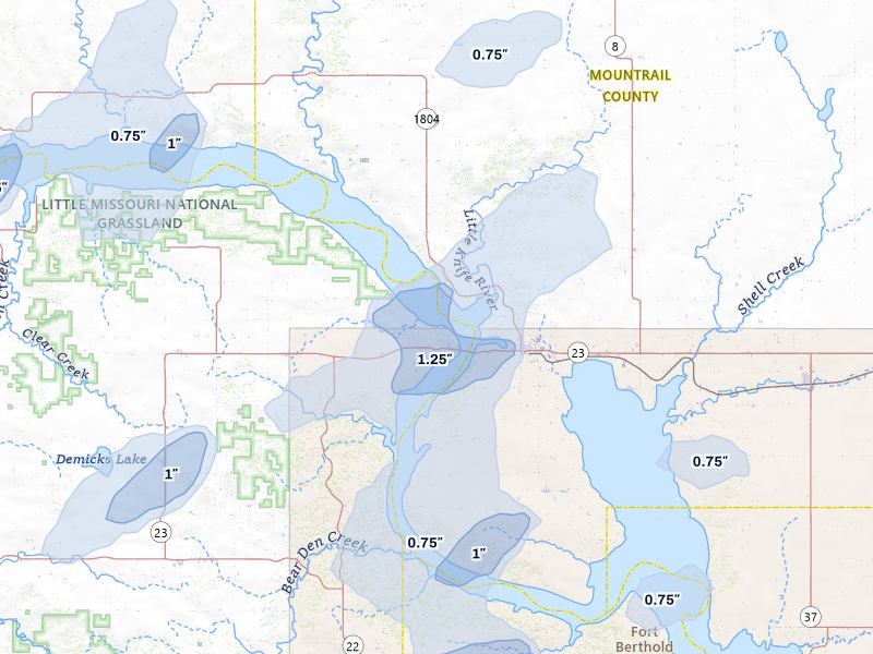 NEXRAD radar-signature map of the hail over New Town, ND
