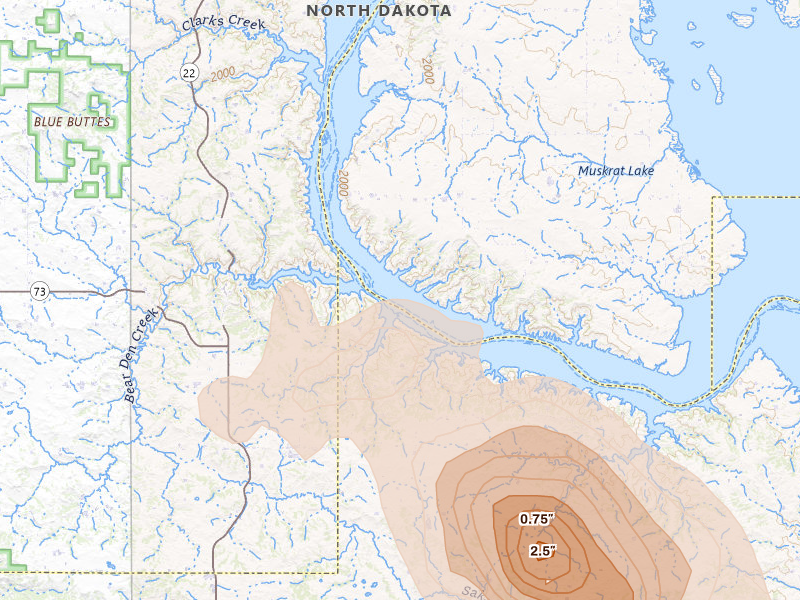 Radar-estimated hail-size map of the storm over New Town, ND on Aug 23, 2026