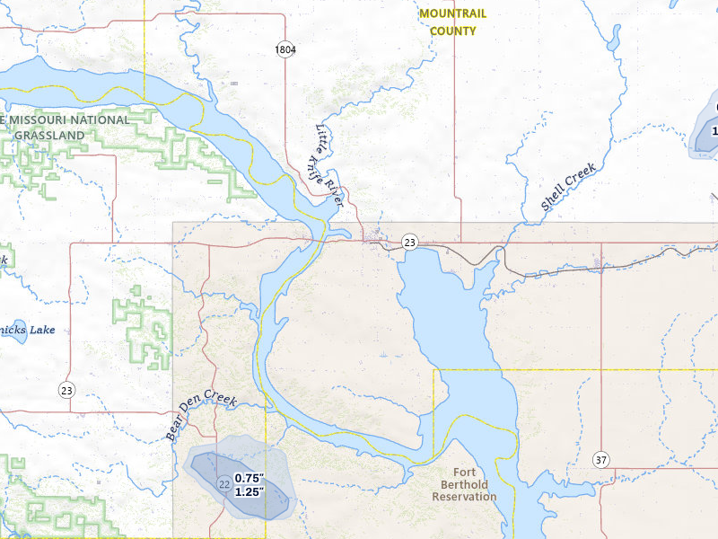 NEXRAD radar-signature map of the hail storm over New Town, ND on Aug 23, 2026