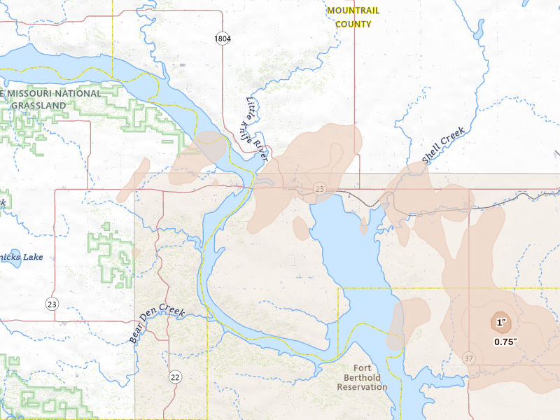 Radar-estimated hail-size map of the storm over New Town, ND on Aug 30, 2026