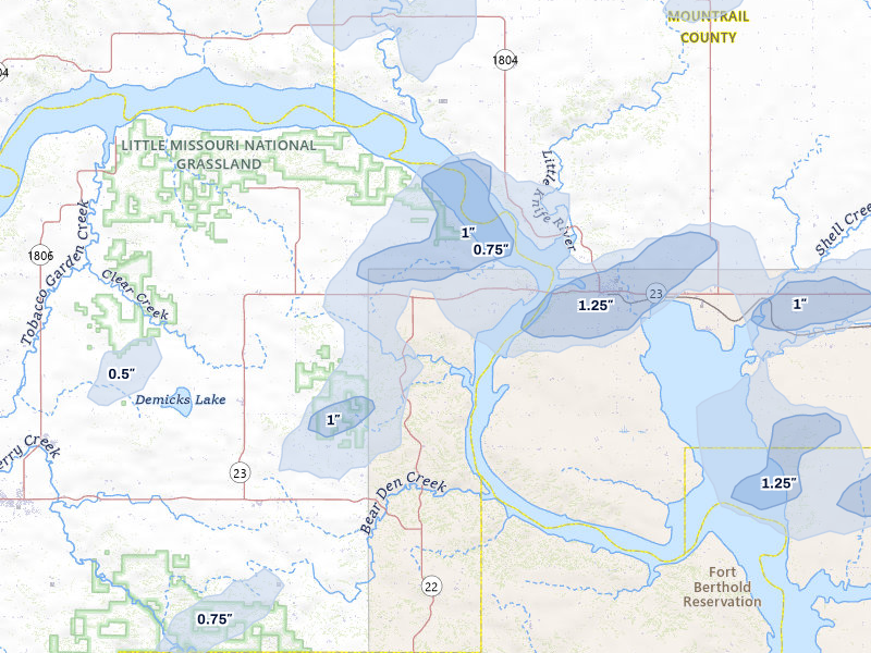 NEXRAD radar-signature map of the hail storm over New Town, ND on Aug 30, 2026