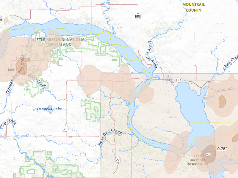 Radar-estimated hail-size map of the storm over New Town, ND on Sep 2, 2026