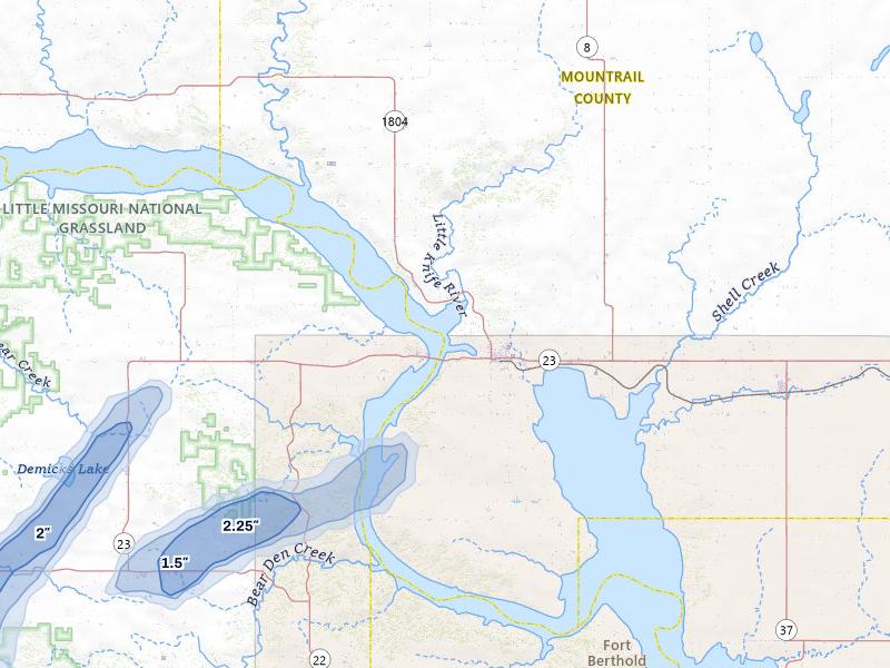 NEXRAD radar-signature map of the hail storm over New Town, ND on Sep 6, 2026