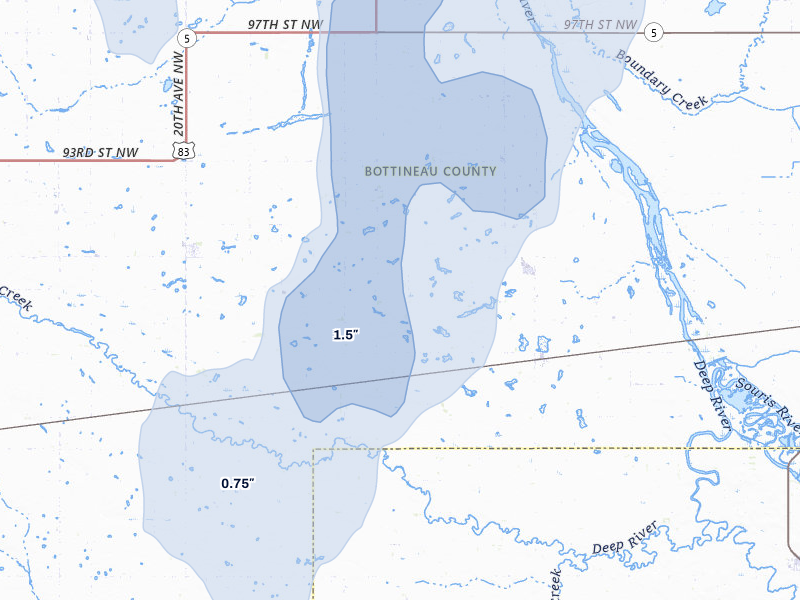 NEXRAD radar-signature map of the hail storm over Newburg, ND on Jun 6, 2026