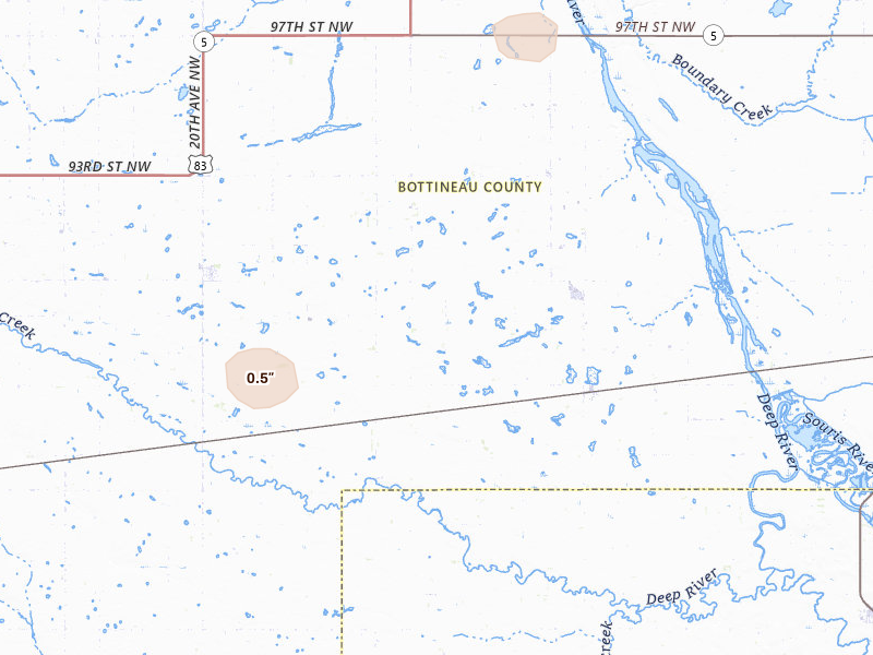 Radar-estimated hail-size map of the storm over Newburg, ND on Jun 7, 2026