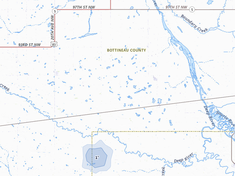 NEXRAD radar-signature map of the hail storm over Newburg, ND on Jul 5, 2026