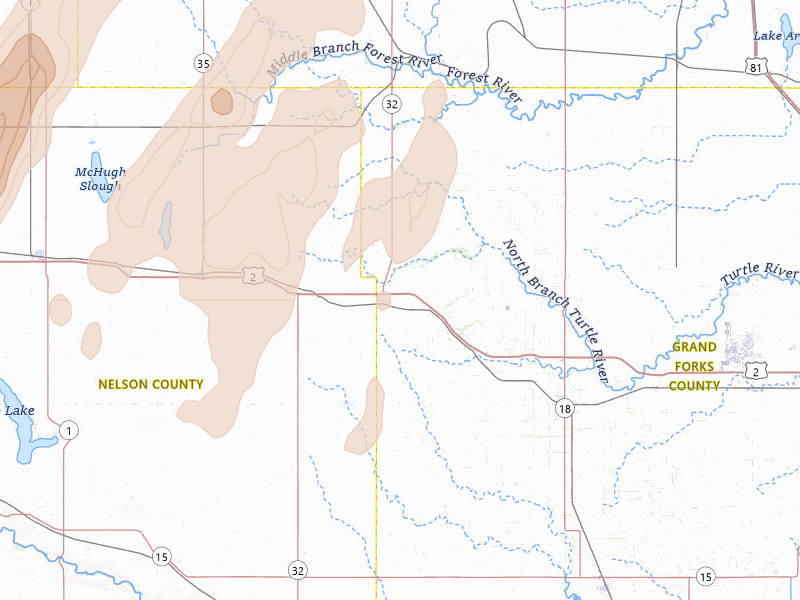 Radar-estimated hail-size map of the storm over Niagara, ND on Jun 2, 2026