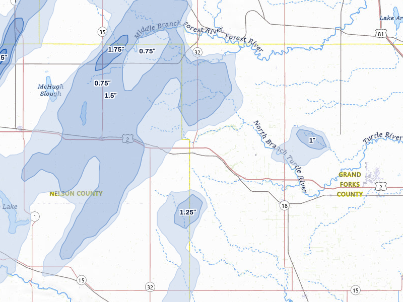 NEXRAD radar-signature map of the hail storm over Niagara, ND on Jun 2, 2026