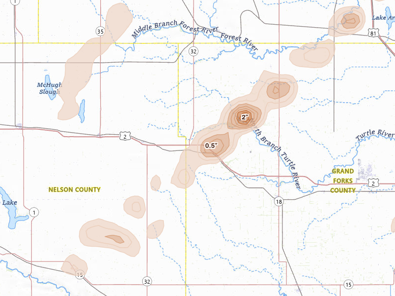 Radar-estimated hail-size map of the storm over Niagara, ND on Jun 29, 2026