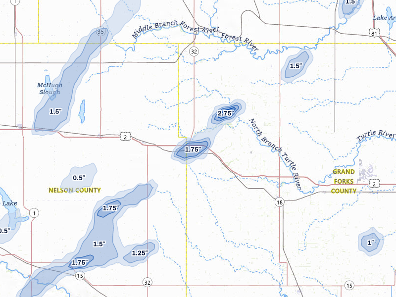 NEXRAD radar-signature map of the hail storm over Niagara, ND on Jun 29, 2026