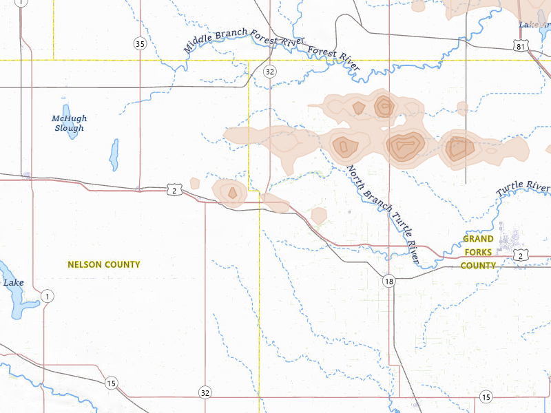 Radar-estimated hail-size map of the storm over Niagara, ND on Jul 24, 2026