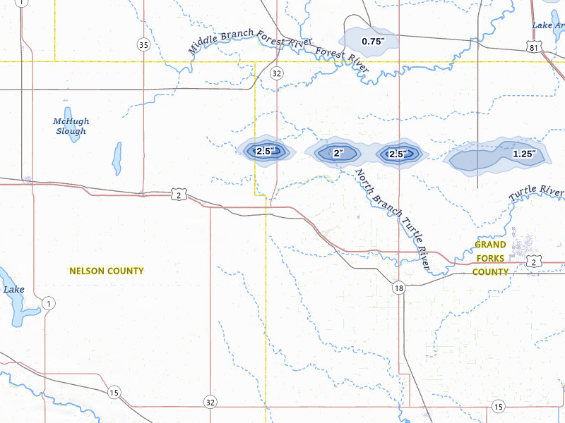 NEXRAD radar-signature map of the hail storm over Niagara, ND on Jul 24, 2026
