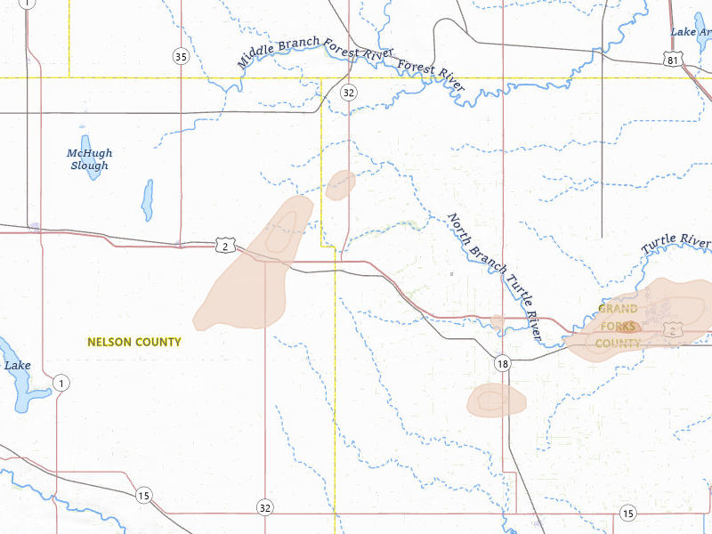 Radar-estimated hail-size map of the storm over Niagara, ND on Jul 30, 2026
