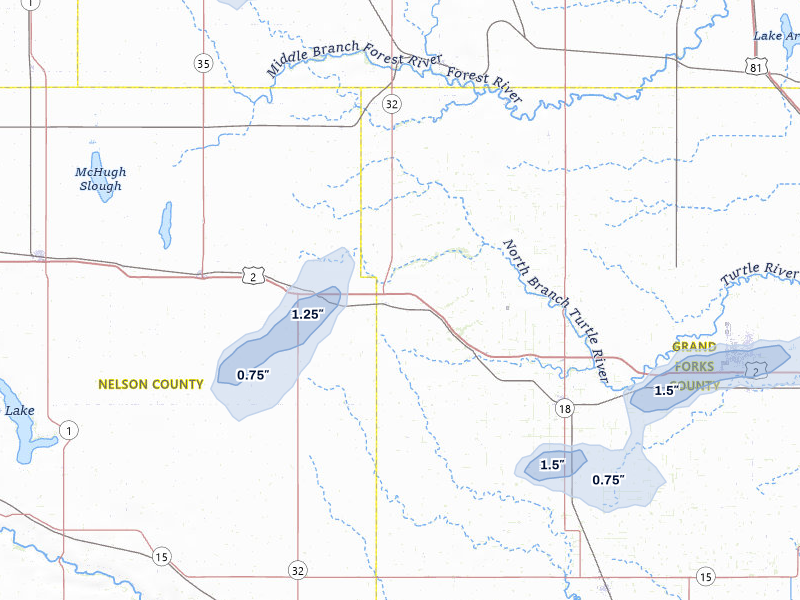 NEXRAD radar-signature map of the hail storm over Niagara, ND on Jul 30, 2026