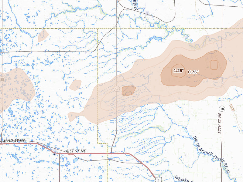Radar-estimated hail-size map of the storm over Niagara, ND on Aug 2, 2026