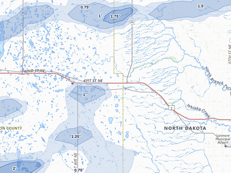NEXRAD radar-signature map of the hail storm over Niagara, ND on Aug 2, 2026