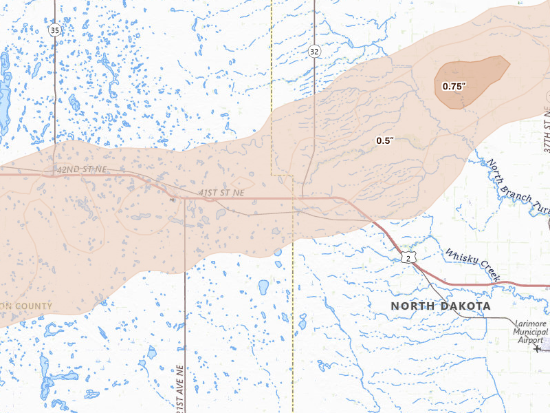 Radar-estimated hail-size map of the storm over Niagara, ND on Aug 24, 2026