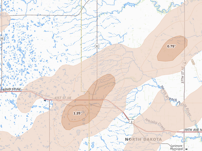 Radar-estimated hail-size map of the storm over Niagara, ND on Sep 3, 2026