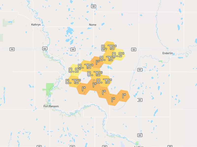 Hail map of Nome, ND on Jul 6, 2026, hail up to 1"