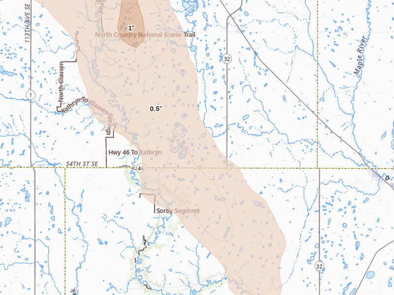 Radar-estimated hail-size map of the storm over Nome, ND on Jul 9, 2026